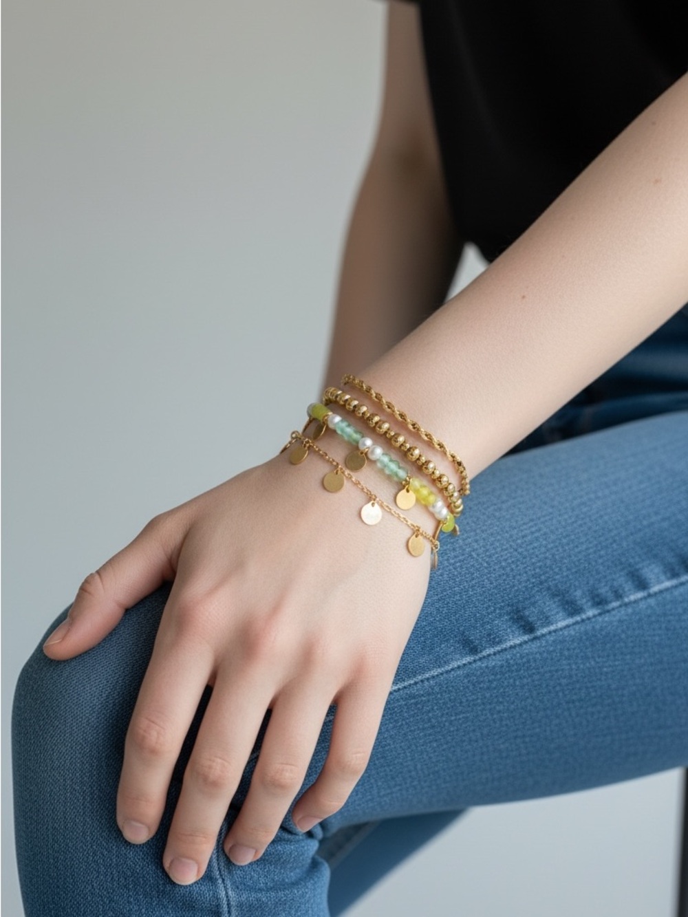 10/21 Gold Beaded Multi-Strand Bracelet with Green Accents